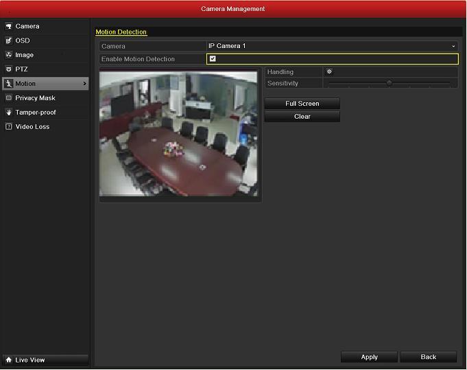 8.1 Setting Motion Detection Alarm Steps: 1. Enter Motion Detection interface of Camera Management and choose a camera you want to set up motion detection. Menu> Camera> Motion Figure 8.