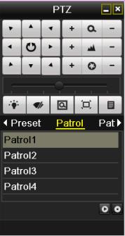 Steps: 1. Press PTZ control on the front panel or on the remote, or click PTZ Control icon on the quick setting toolbar, to show the PTZ control toolbar. 2. Choose Patrol on the control bar. 3.
