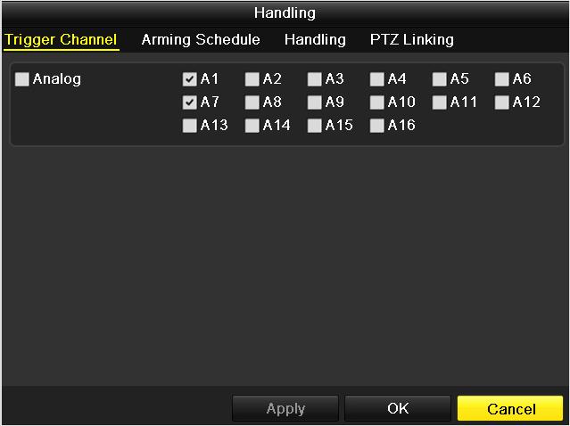 Figure 5.21 Alarm Handling 5) Choose the alarm triggered recording channel. 6) Check the checkbox to select channel.