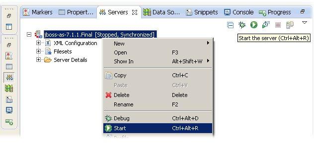 Starting JBoss To start the JBoss AS, select and right-click the server and then choose Start.