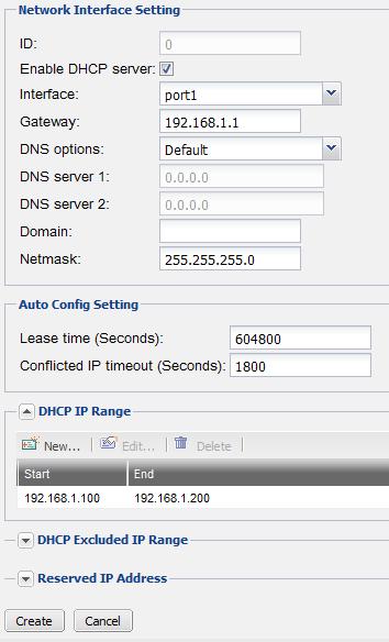 4. On the FortiRecorder web UI, go to System > Network > DHCP, and click New to create a new DHCP server on port1.