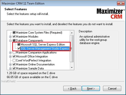 The features selected should now look like this list (note that the Maximizer Companion Applications is now not ticked and the SQL Server Management Studio Express is ticked): Please note that