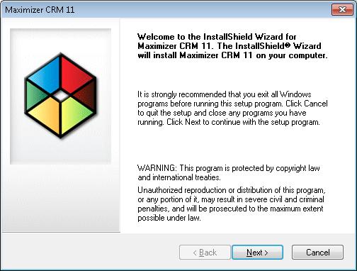 Step 2. A welcome screen setup telling you that you are about to start the Maximizer CRM 11 Team Edition setup process will load after the various components have been configured.