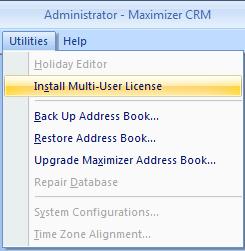 Address Book on it. To install the Multi User License start the Maximizer Administrator Program and log in, then click File>>Close Address Book.