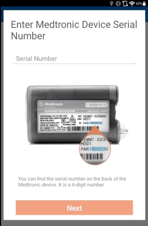Enter the 6-digit Medtronic Device Serial number from the label on the back of the Medtronic Pump and click Next.