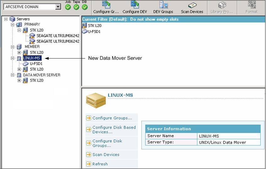 How to Register the Data Mover Server with the Primary Server After you register the data mover server with the primary server, the data mover server appears in the Arcserve Backup Device Manager