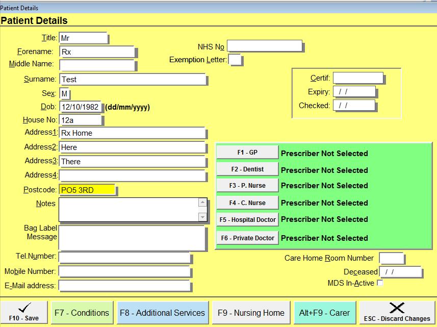 Adding a new patient After pressing F1 from the patient select screen, a blank patient details screen will appear.