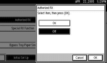 Using Administrator Settings F Select the function you want to program. In this feature, Authorized RX has the same settings as Reception Settings. See p.147 Reception Settings.