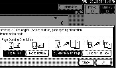 Sub Transmission Mode F Specify the transmission mode from [2 Sided from 1st Page] or [1 Sided for 1st Page], and then press [OK].
