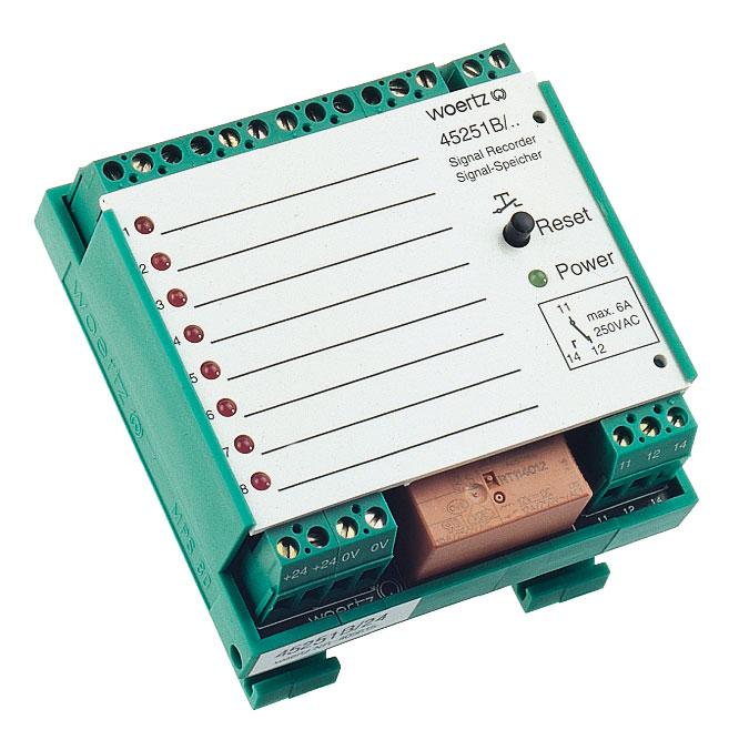 Modules with indicators Signal recorder module - LED signalize and memorize one or several active inputs - Relay switches potential-free contact, as soon as one input is active - Reset-function by