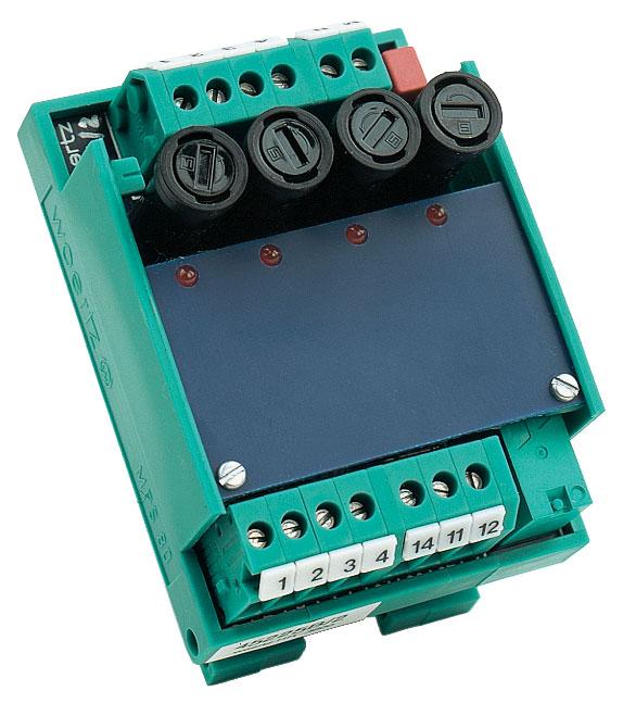 Modules with fuseboards with supervision - Consist of 4 fuses, the state of which indicated through red LED - Failure of one of the fuses activates the general alarm relay (changeover contact may be