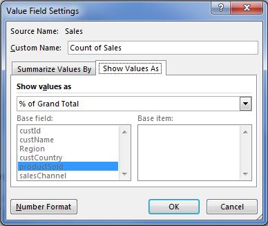 addition to Sum of Sales. Click the Count of Sales field, click Value Field Setting, click the Show Values A tab, select % of Grand Total.