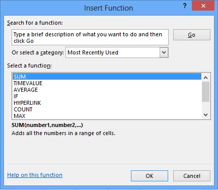 Inserting Functions Insert Function tool Displays all functions available Grouped by most recently used, or by category To insert a function: Click at left of Formula bar, or Type = and
