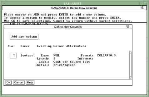 8 Define New Columns Window Select OK again. The Subset or Copy a Table window reappears.