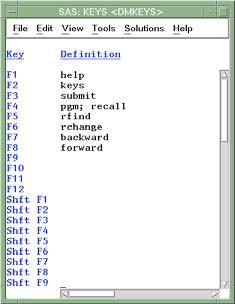 16 Using Function Keys Chapter 2 1 To see how each key is defined when you first access the SAS System, follow this selection path from any SAS window: Tools Options Keys A list of function keys and