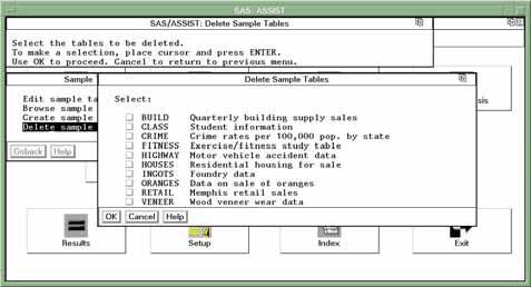 1 To delete the sample tables, follow this selection path from the WorkPlace menu: Tasks Setup File Management Sample tables The Sample Tables window appears as in Display 2.11 on page 22.