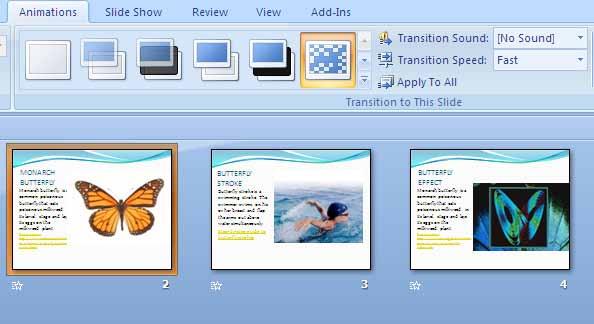 Add Transitional Effect In the Slide Sorter view, select the Animations tab. You can select an animated effect in the Transitions to This Slide group. Select a slide first.