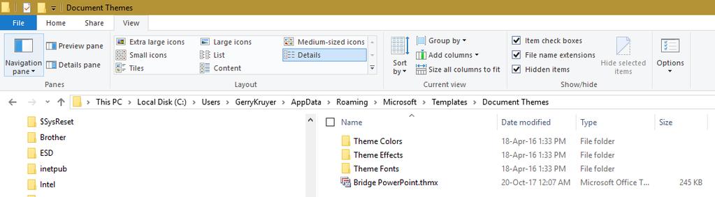 On my Windows 10 computer the path to the theme will be: C:\Users\GerryKruyer\AppData\Roaming\Microsoft\Templates\Document Themes Step 4/ Also notice that the file extension of a theme file is: Note
