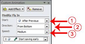 Modify the Effect 1. Click the down arrow next to the Start field and then select After Previous. 2.
