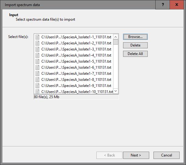 4. Importing data 5 Figure 6: Select files. 5. Select Raw spectra key in the Edit data destination dialog box (see Figure 7)