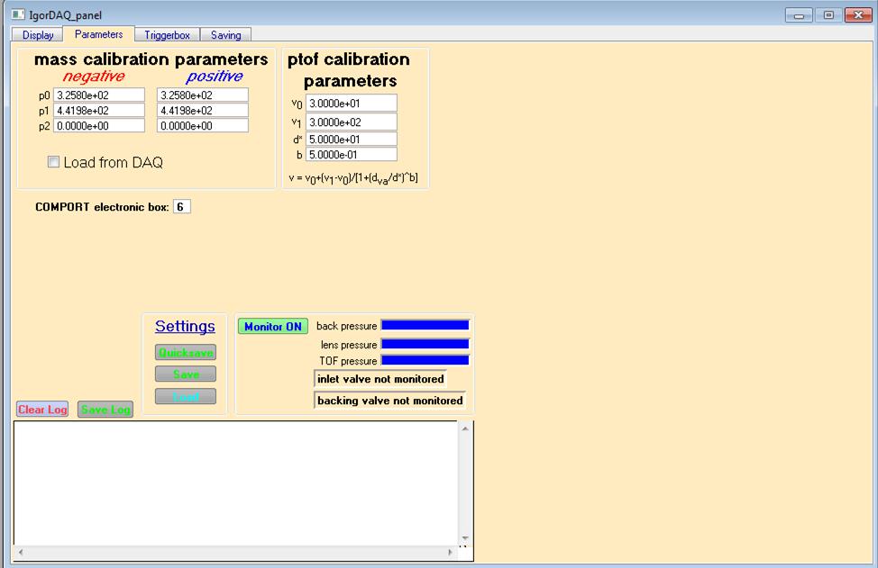 IgorDAQ Parameters Set mass calibration for positive and negative mode Insert ptof calibration will be applied to the main