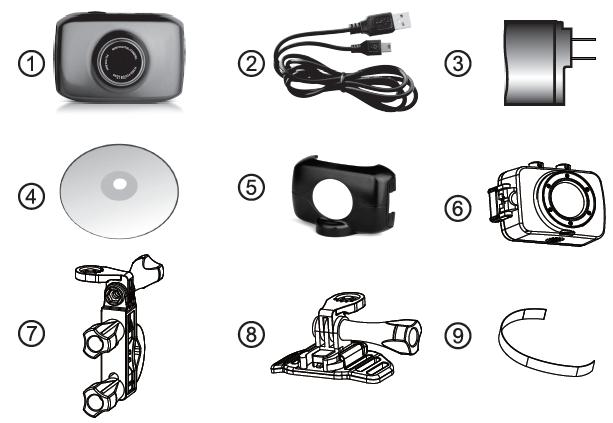 What s Included 1. Action Camcorder 6. Waterproof Casing 2. USB Cable 7. Bicycle Mount 3. AC Adapter 8. Helmet Mount 4.