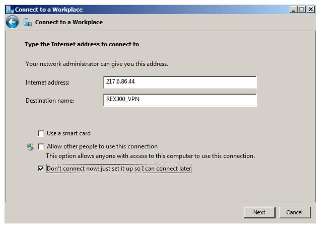 Under "Internet address", enter the public IP address (WAN) of the REX300 and assign the connection a name ("Destination name").