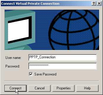 Example 6 Step 10. In the Connect Virtual Private Connection window, set as below: (Figure 209) User Name, enter PPTP_Connection. Enter 123456789 in the Password field.