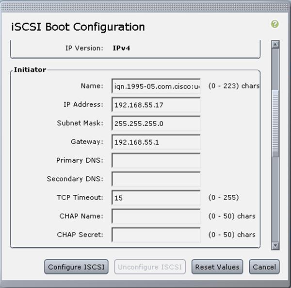 6. Enter the primary target details: Name: IQN number of Infra-SVM IP Address: IP address of iscsi_lif01a Boot LUN: 0 You can obtain the storage IQN number by using the vserver iscsi show