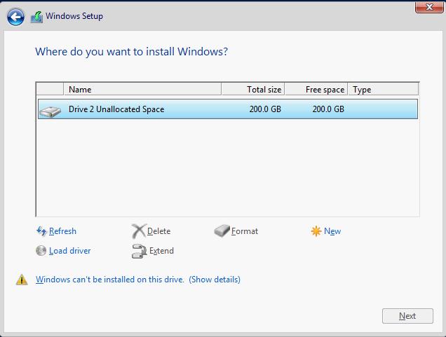 20. Unmap the driver ISO and remap the Windows Server 2016 installation ISO to continue with the Windows installation. 21. Click Refresh. 22. Select the iscsi LUN and click Next. 23.