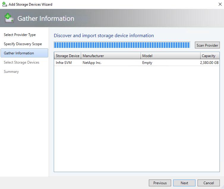 8. The Gather Information Screen is displayed. Information about the storage array is now being discovered. Click Import if prompted to import the root certificate from the storage array.