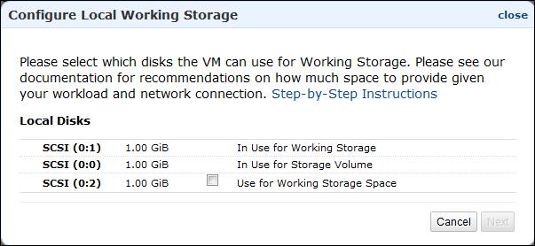 Configuring Working Storage The Configure Local Working Storage wizard shows a list of available disks on your local VM. 2.