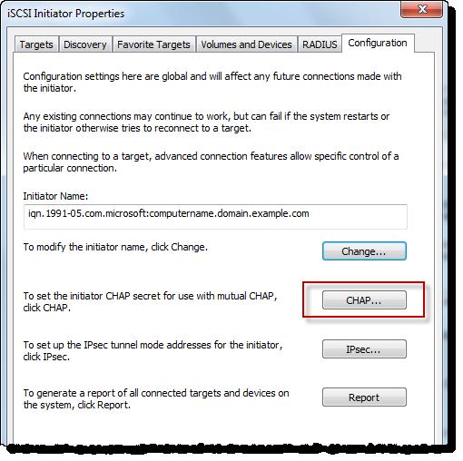 Configuring CHAP Authentication for Your Storage Volume To configure mutual CHAP on a Windows client In this procedure, you configure CHAP in the Microsoft iscsi Initiator using the same keys that