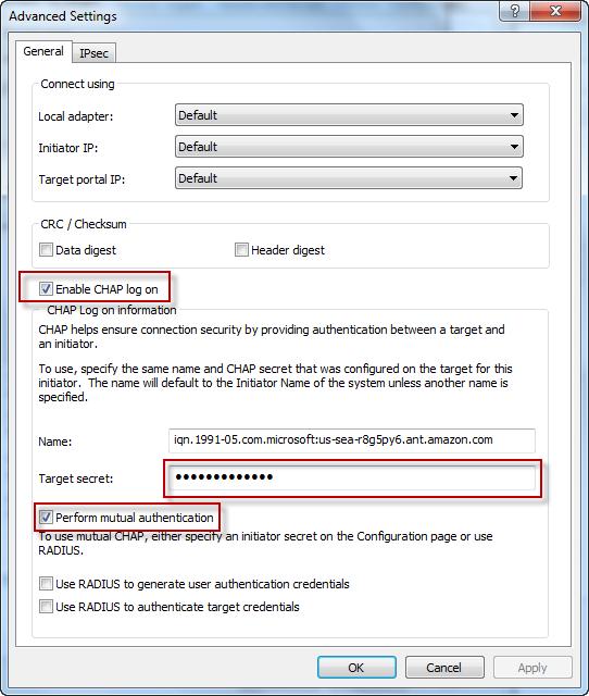 Configuring CHAP Authentication for Your Storage Volume i. Select Enable CHAP log on. ii. iii. iv. Enter the secret that is required to authenticate the initiator.