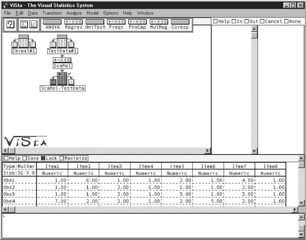 DYNAMIC GRAPHICS WITH LISP-STAT AND VISTA 687 Figure 1. ViSta main user interface with the WorkMap (upper left panel) showing the steps to be taken in data management and analysis.