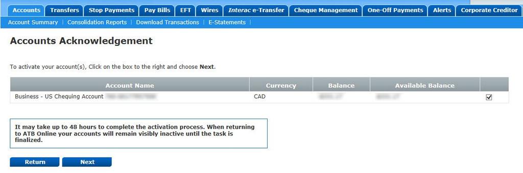 3. Select the account(s) you d like to activate on the Accounts Acknowledgement page; click Next.