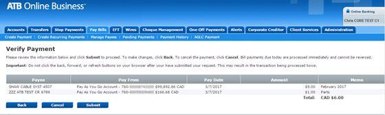 Make a one-time bill payment 1. Click Pay Bills, click Create Payment. 2. Enter the details of the payment you want to make and click Next.