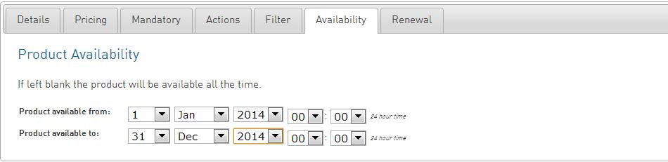 Screen 6: Availability This feature must be set to ensure you don t sell a product outside the prescribed date range.