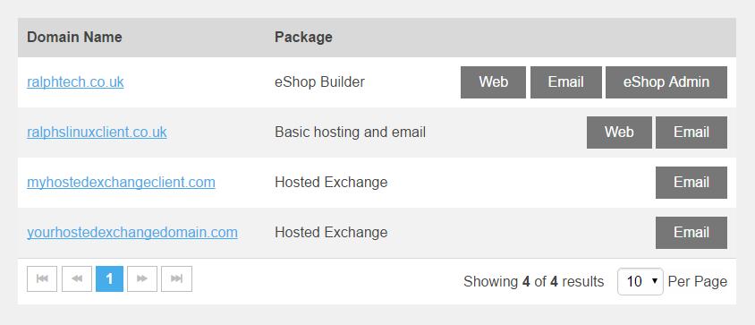Hosting & email The Hosting & Email menu will provide access to the tools to manage your web site and email addresses. This page will list all of the packages you currently have. 1.