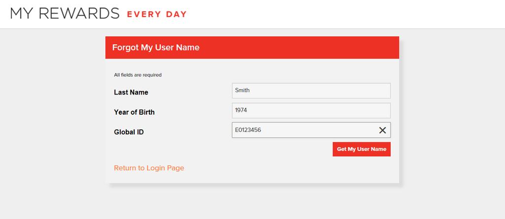 You will be asked to fill in your last name, year of birth and Global ID. After that information is entered, click on Get My User Name.