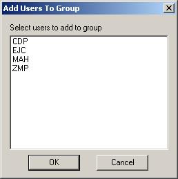 AD Summation WebBlaze Administration Guide 11 Add Users to Group Dialog 6. Select the user or users that you want to add to the group and click OK.