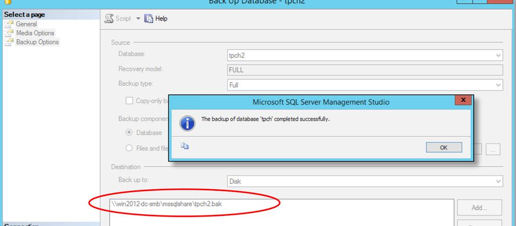 Figure 5 shows a successful SQL Server database backup to a SMB share on a Windows VM resident in a Datrium DVX.