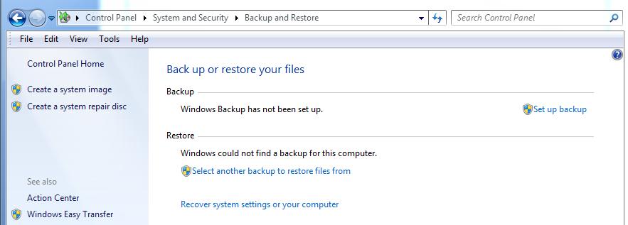 Windows 7 Backup and Restore One of the options in Control Panel.