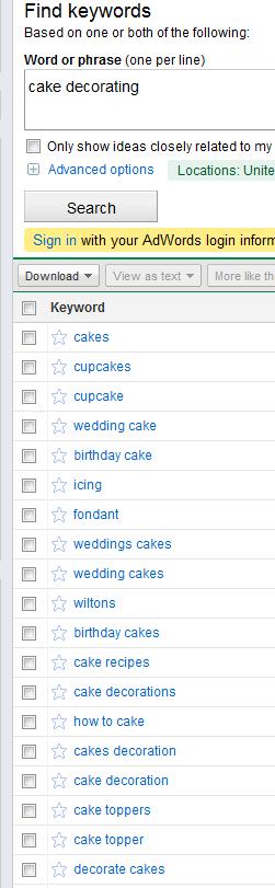 create a blog that includes information about cake decorating. If I go back and look at my list of keywords, I find words like fondant, wedding cake, cake recipes, cake toppers, etc.