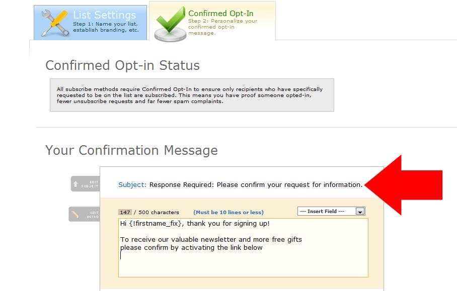 Click on the Confirmed Opt-In tab, change the Subject line to