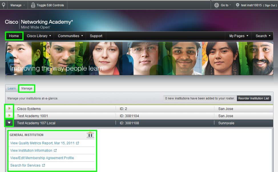 Manage tab view for NetAcad Contacts and Success Leads.