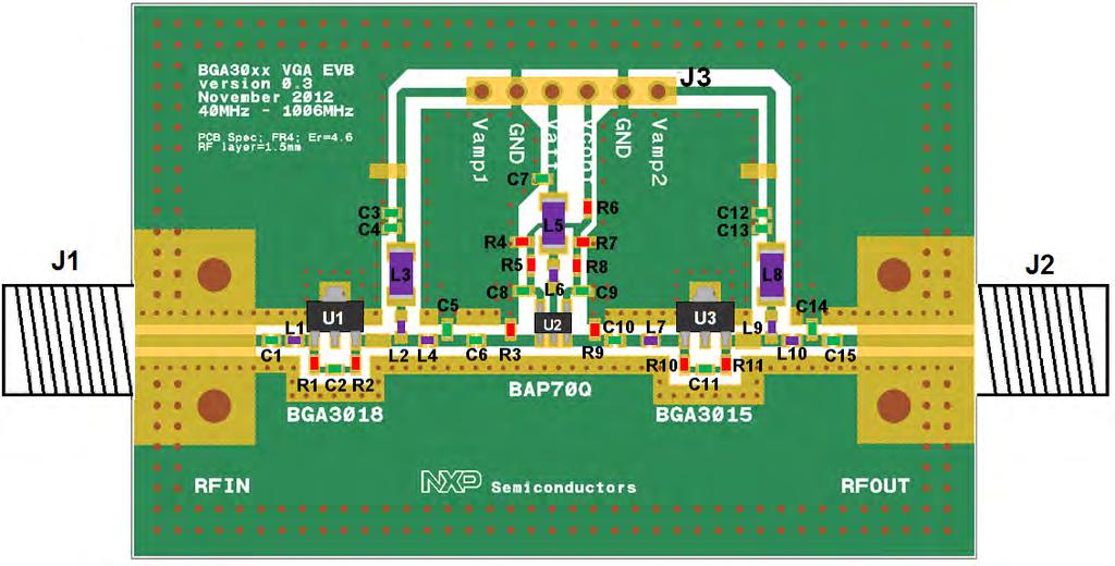 4.2 Evaluation board layout PCB material = FR4 PCB thickness = 1.5 mm PCB size = 40 mm x 70 mm εr = 4.6 Copper thickness = 35 μm Fig 2.