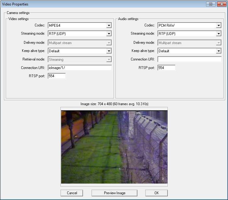 For ioimage-hd camera, select codec H264 and fill h264 in the Connection URI property (and if codec MJPEG is selected, fill jpeg in the Connection URI property) For non HD ioimage camera, select a
