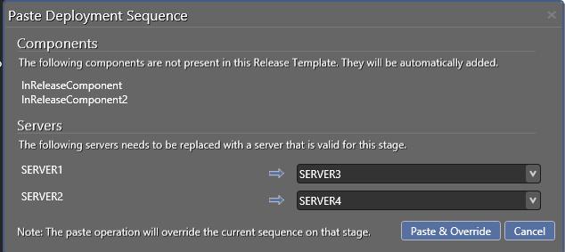 It is also possible to undo the last paste to recover the previous deployment sequence of the destination stage: Since the allowed servers are usually different from stage to stage, when pasting, a