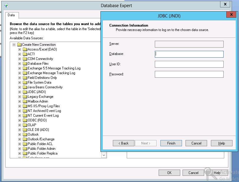 Figure 11 Configuring the user credentials for the connection 5. Specify the user credentials for connecting to the data source: a. Enter report_db in the Database field. b.